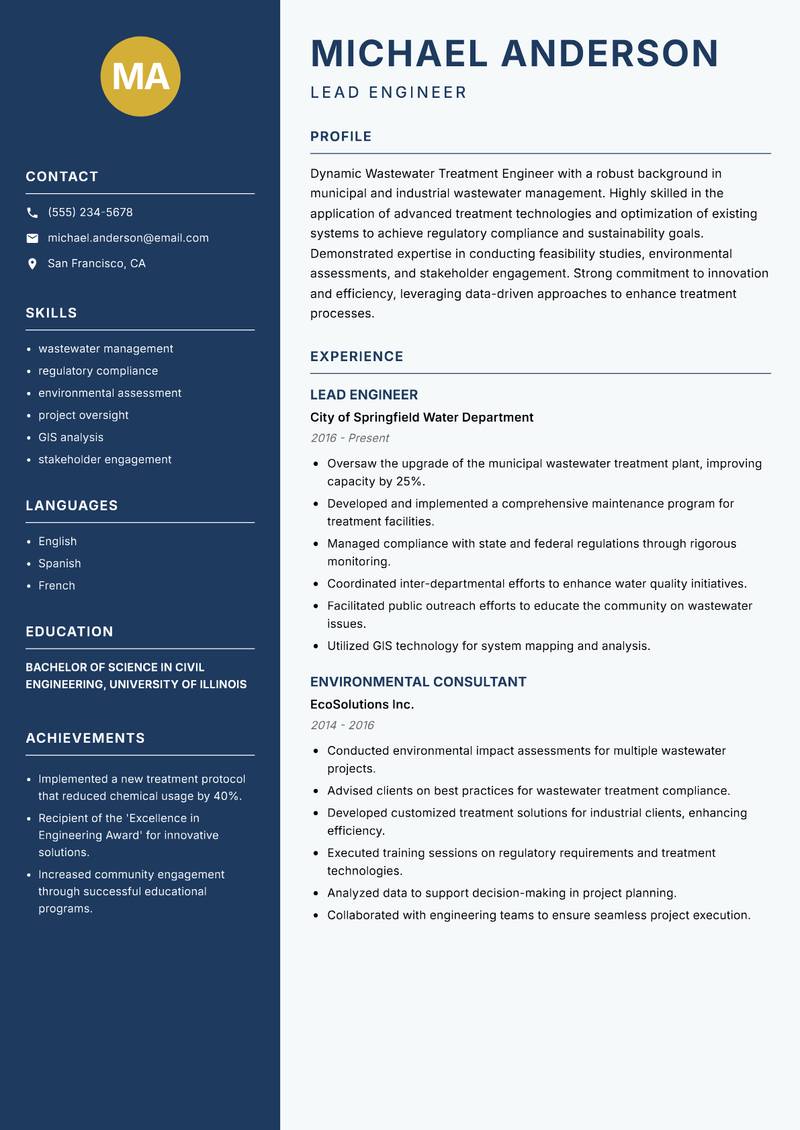 Wastewater Treatment Engineer resume sample — Lead Engineer focus