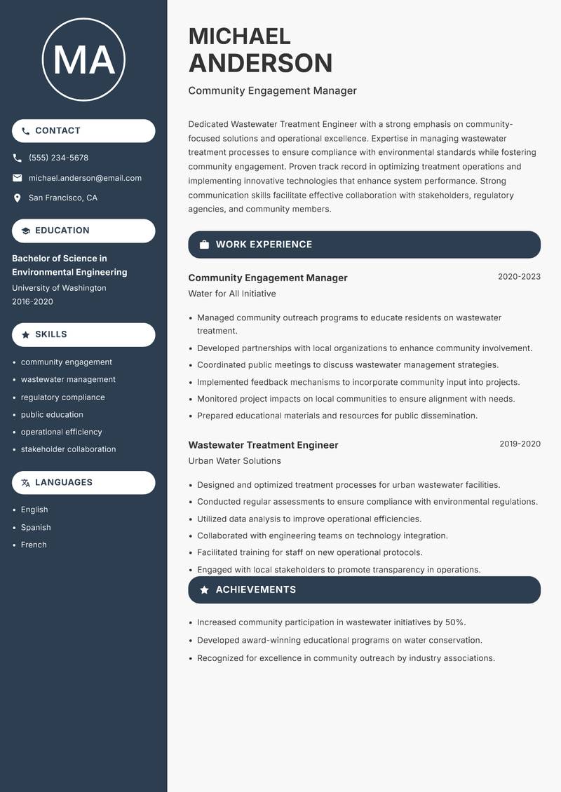 Wastewater Treatment Engineer resume sample — Community Engagement Manager focus