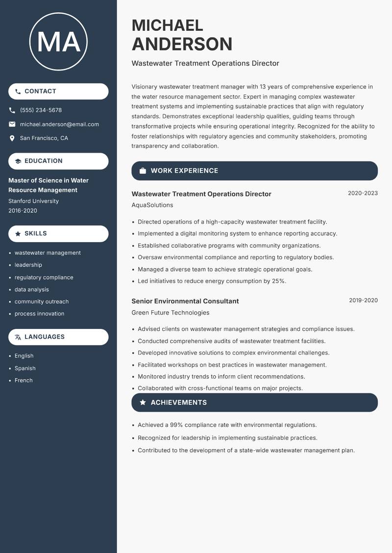 Wastewater Treatment Manager resume sample — Wastewater Treatment Operations Director focus