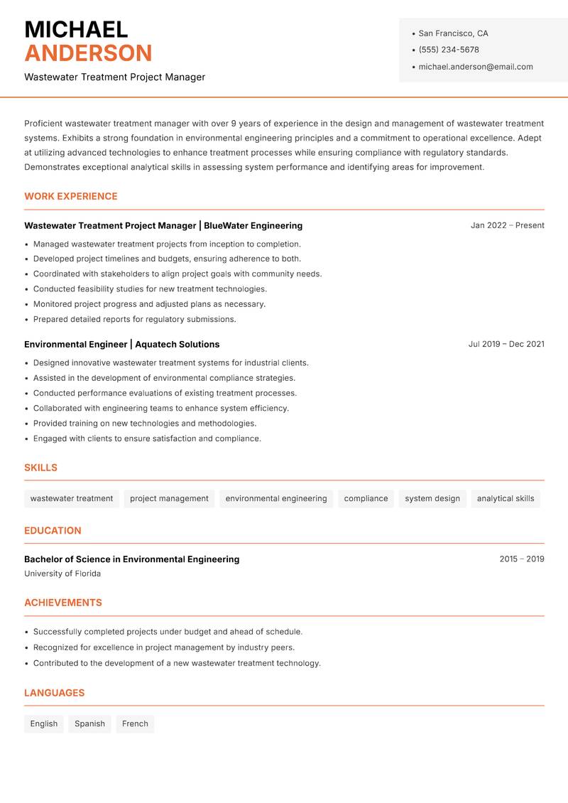 Wastewater Treatment Manager resume sample — Wastewater Treatment Project Manager focus