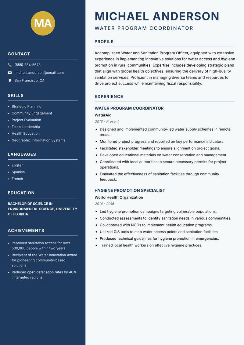 Water and Sanitation Program Officer resume sample — Water Program Coordinator focus