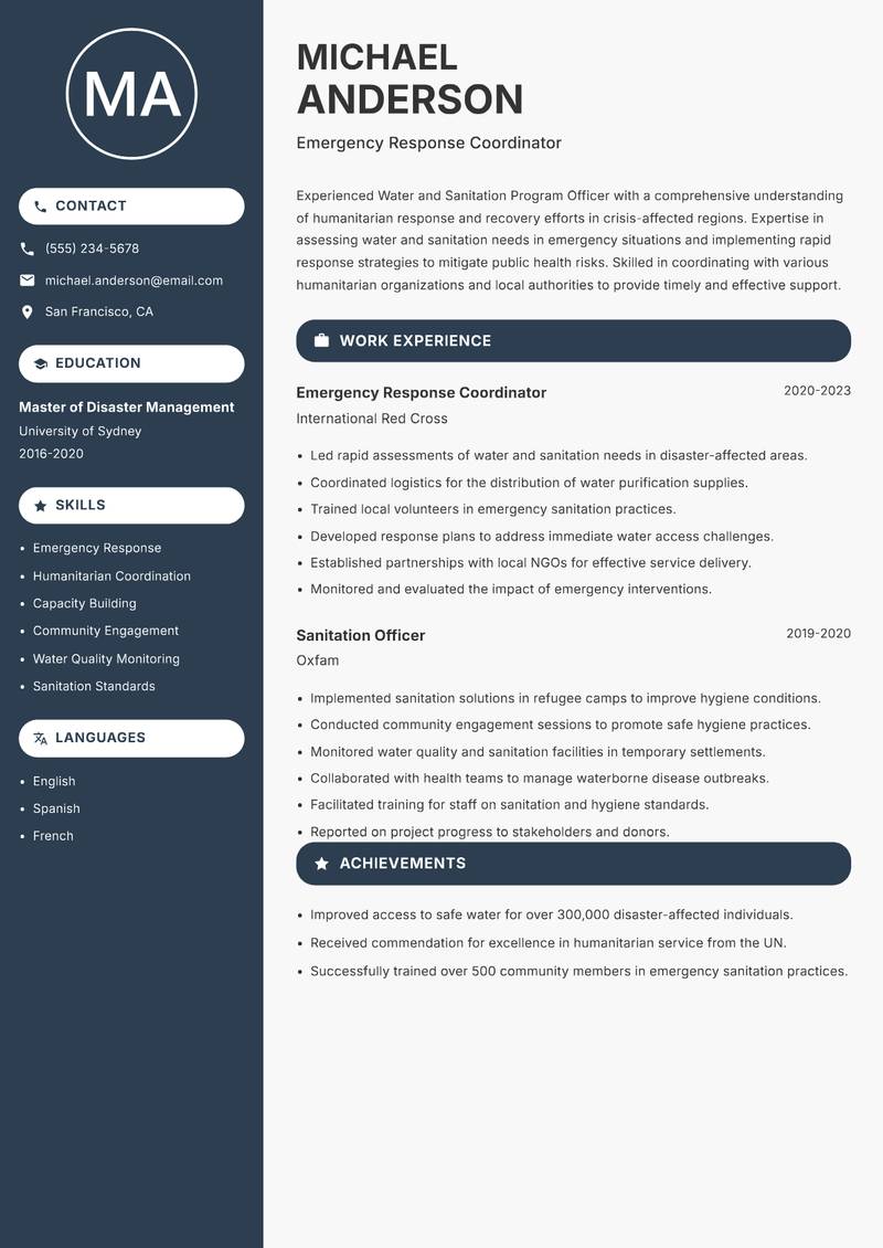 Water and Sanitation Program Officer resume sample — Emergency Response Coordinator focus
