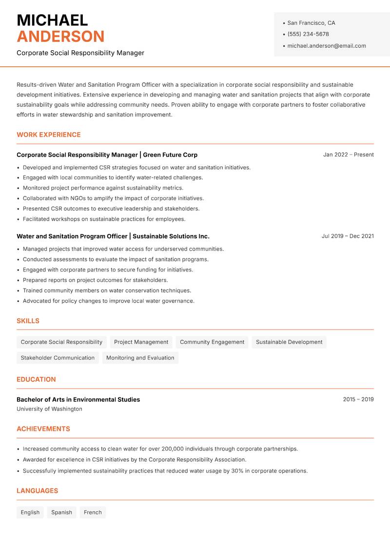 Water and Sanitation Program Officer resume sample — Corporate Social Responsibility Manager focus