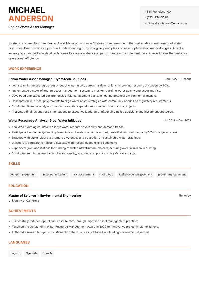Water Asset Manager resume sample — Senior Water Asset Manager focus