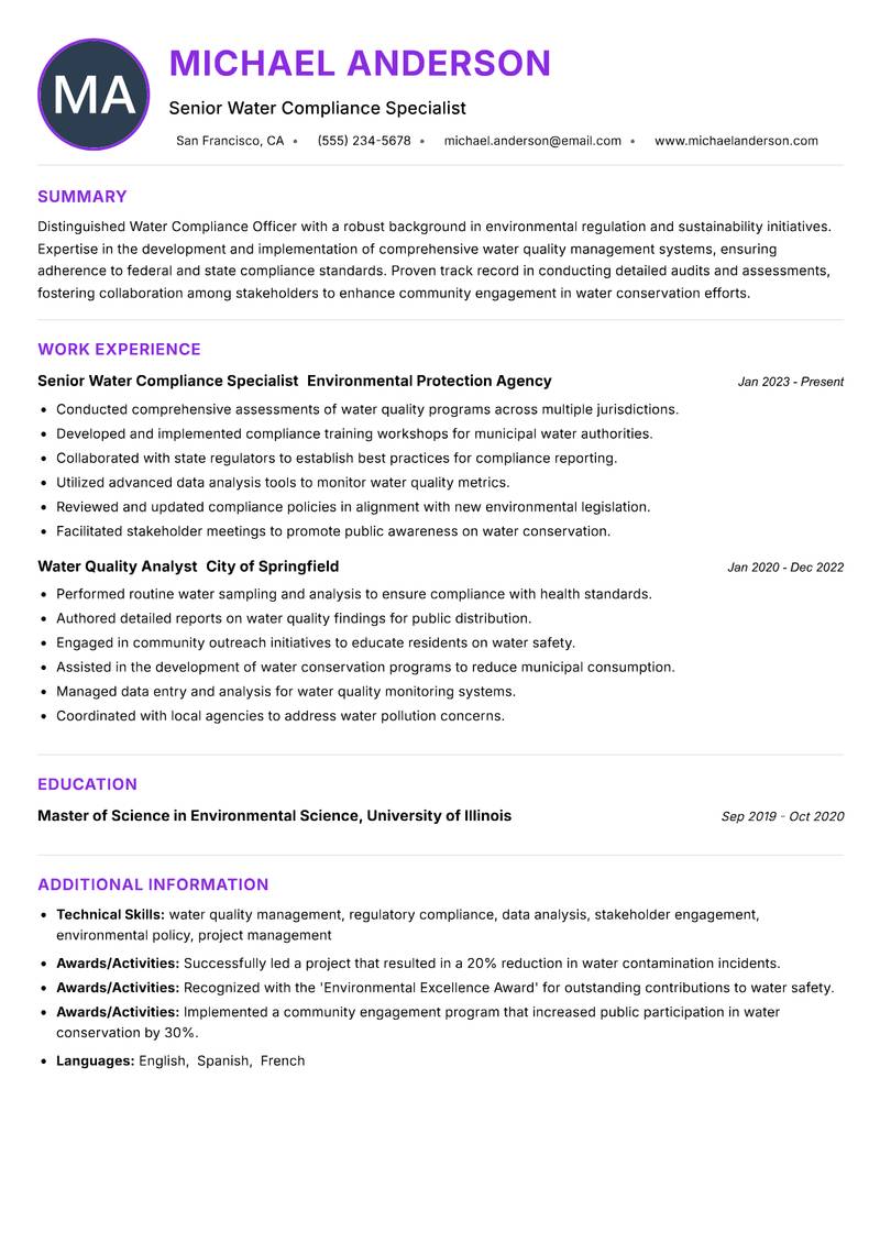 Water Compliance Officer resume example