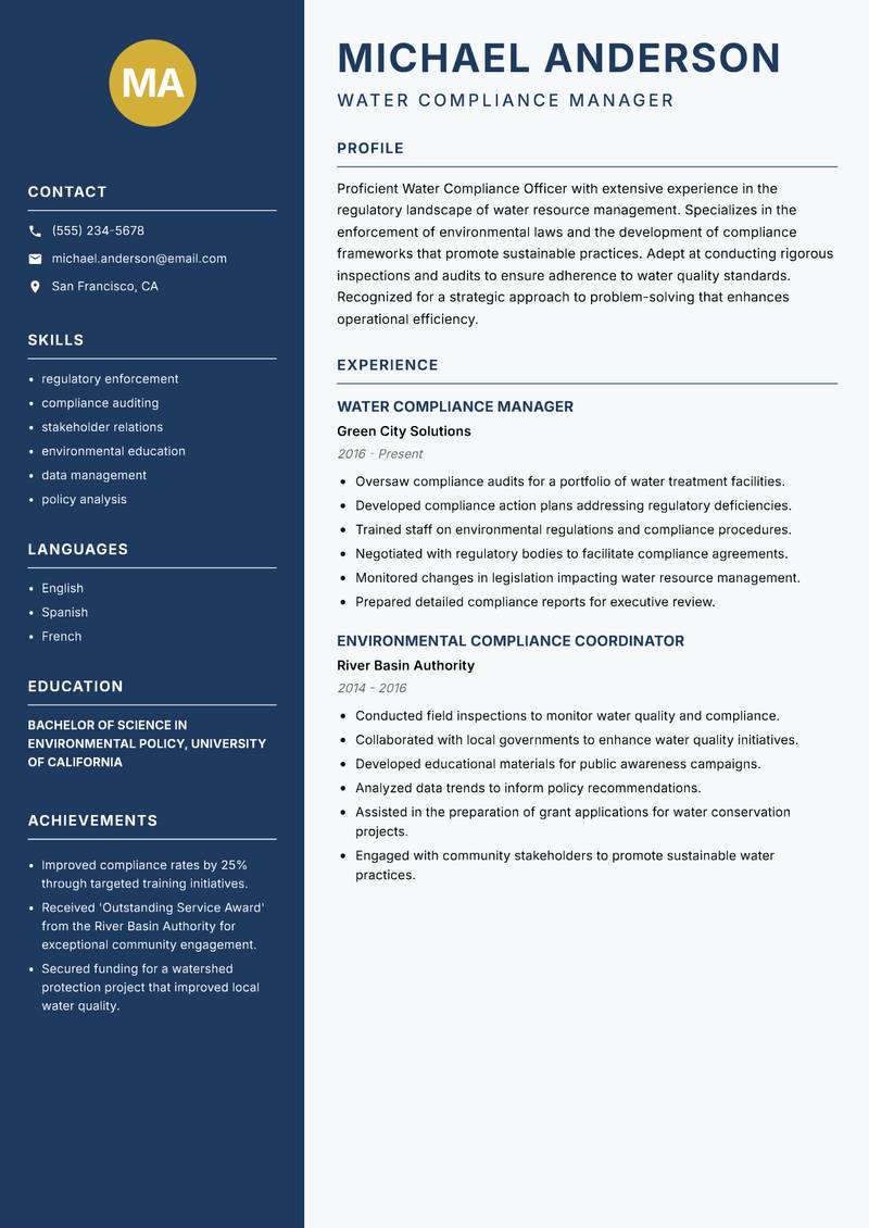 Water Compliance Officer resume sample — Water Compliance Manager focus