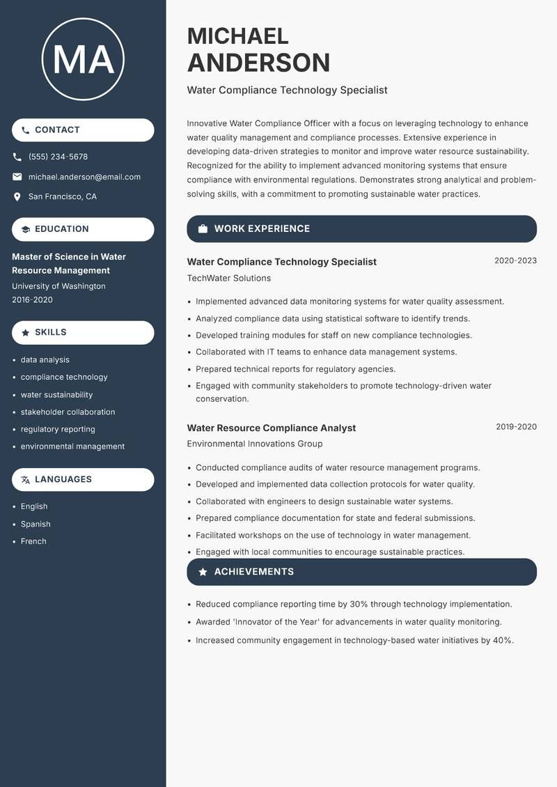 Water Compliance Officer resume sample — Water Compliance Technology Specialist focus
