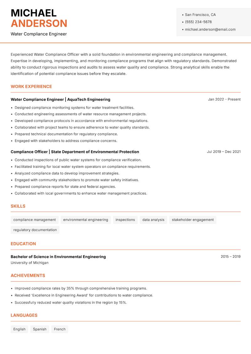 Water Compliance Officer resume sample — Water Compliance Engineer focus