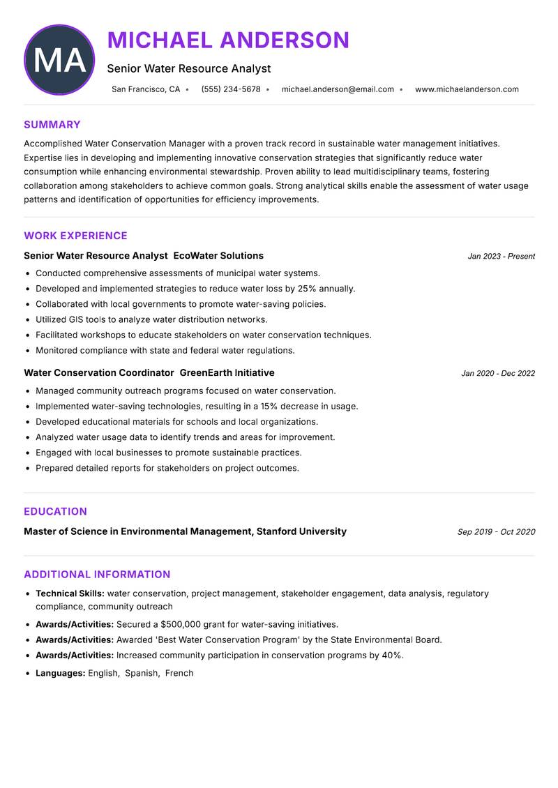 Water Conservation Manager resume example