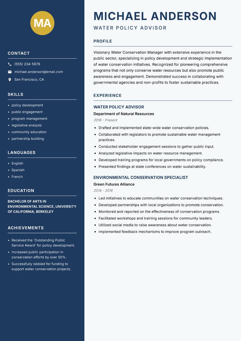 Water Conservation Manager resume sample — Water Policy Advisor focus