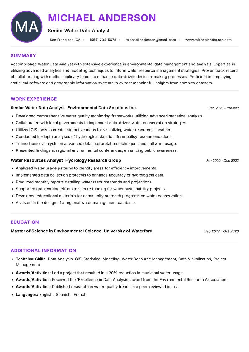 Water Data Analyst resume example