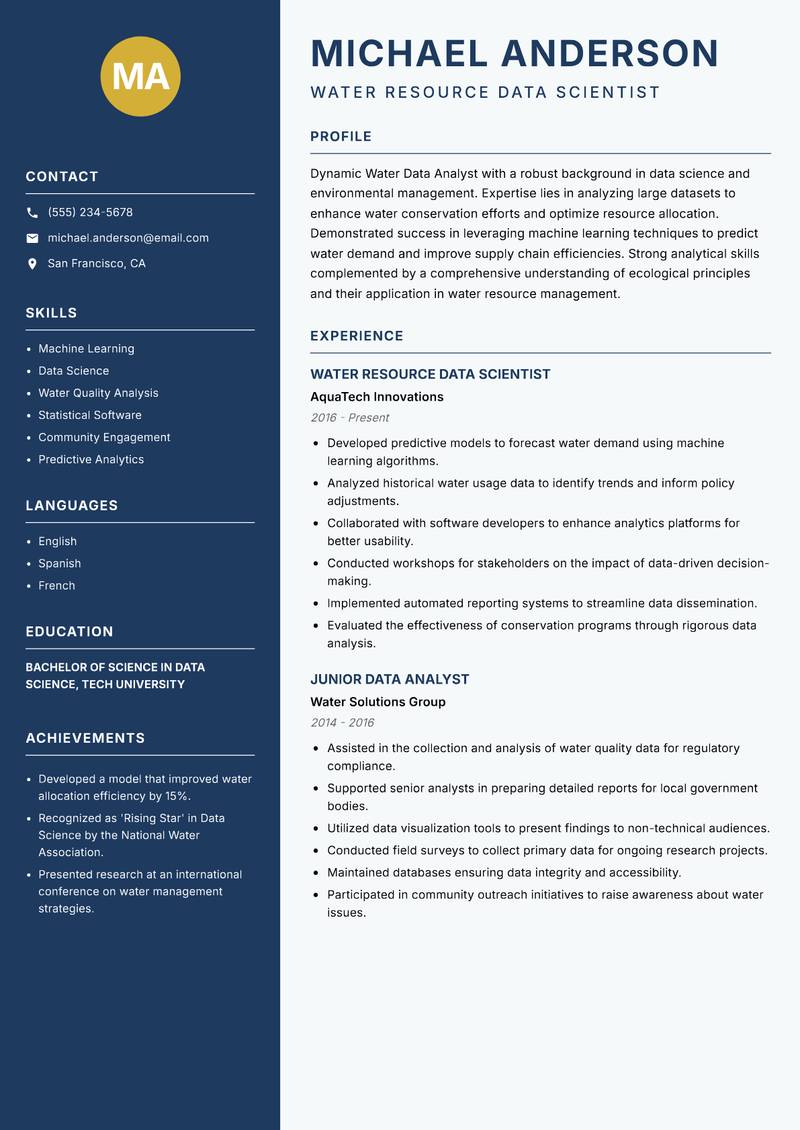 Water Data Analyst resume sample — Water Resource Data Scientist focus