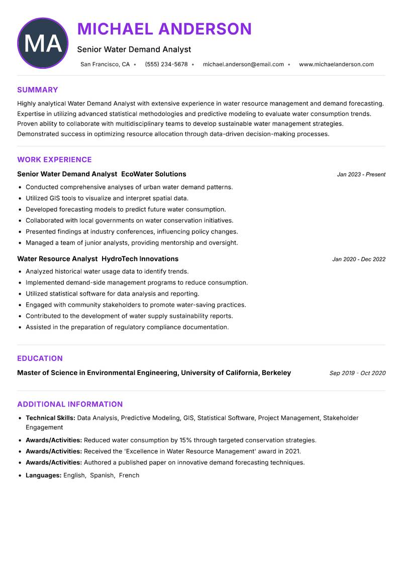 Water Demand Analyst resume example