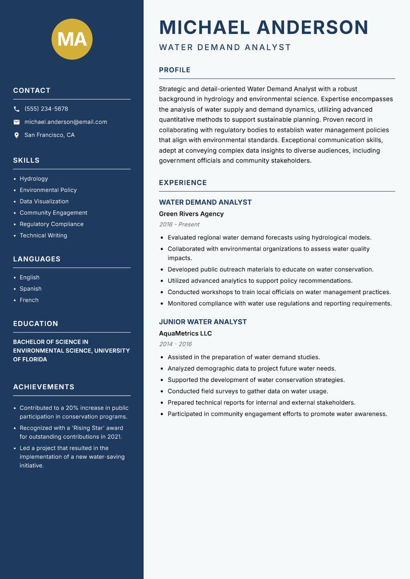 Water Demand Analyst resume sample — Water Demand Analyst focus