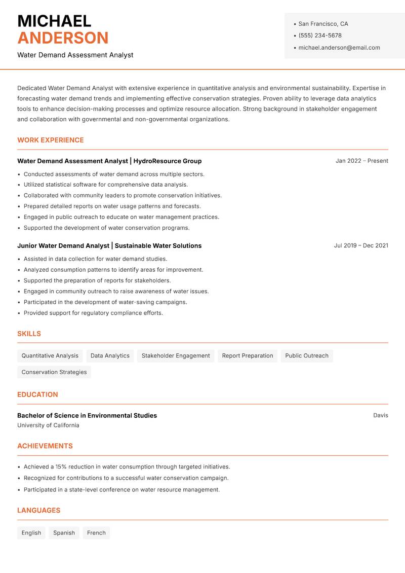 Water Demand Analyst resume sample — Water Demand Assessment Analyst focus