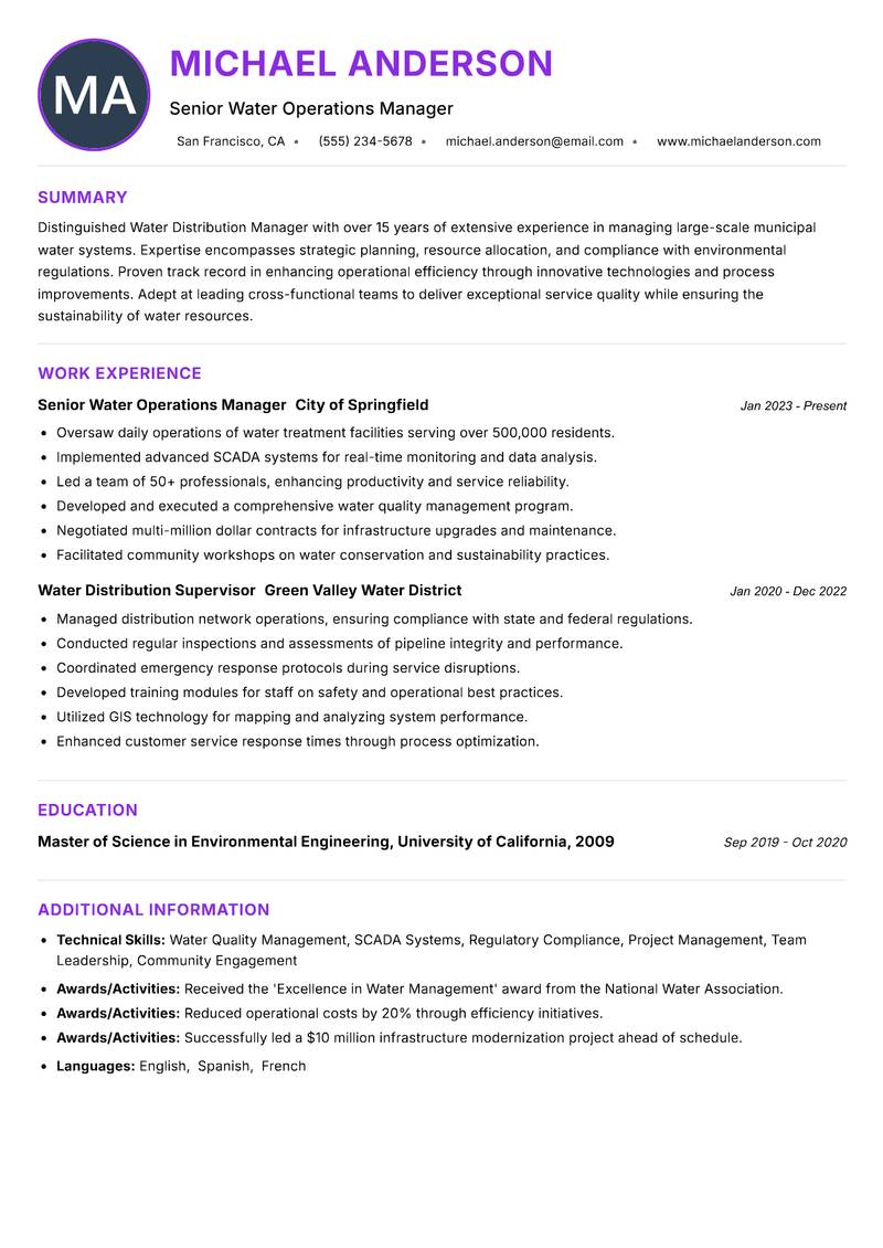 Water Distribution Manager resume example