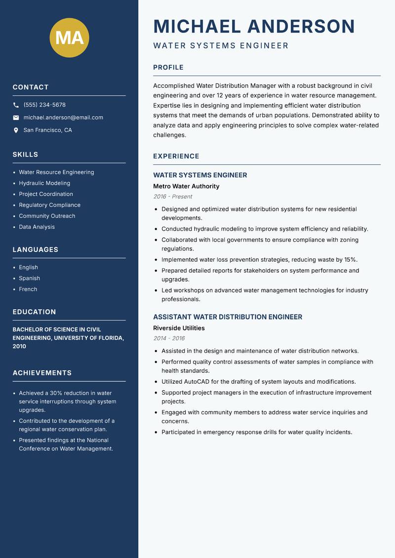 Water Distribution Manager resume sample — Water Systems Engineer focus