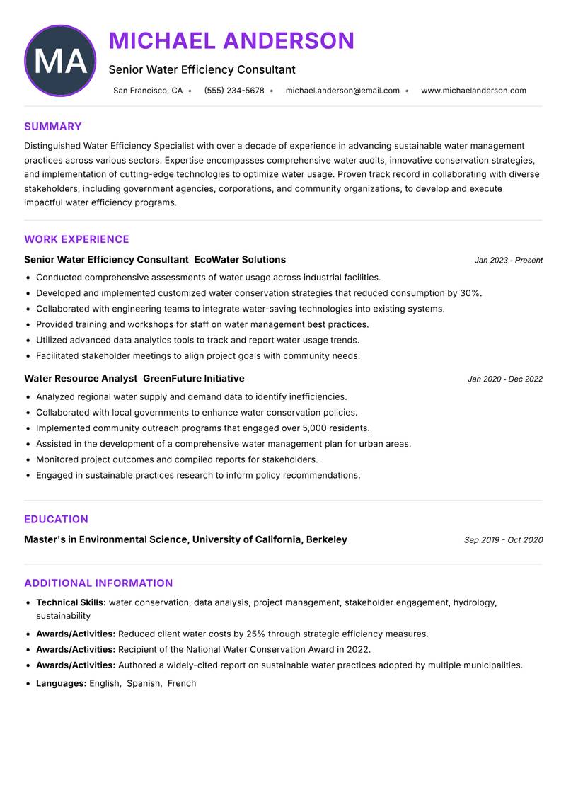 Water Efficiency Specialist resume example