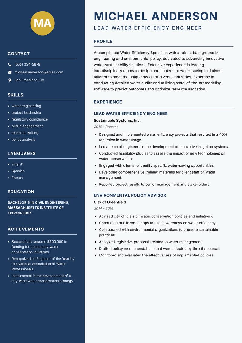 Water Efficiency Specialist resume sample — Lead Water Efficiency Engineer focus