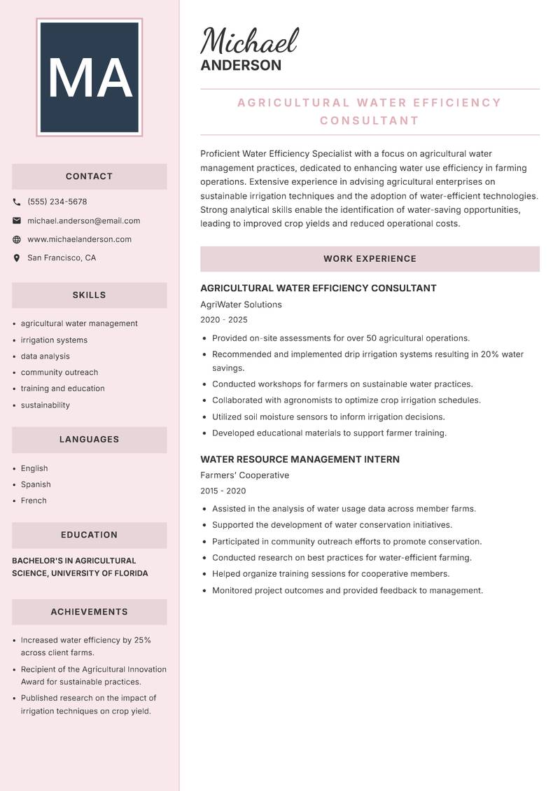 Water Efficiency Specialist resume sample — Agricultural Water Efficiency Consultant focus