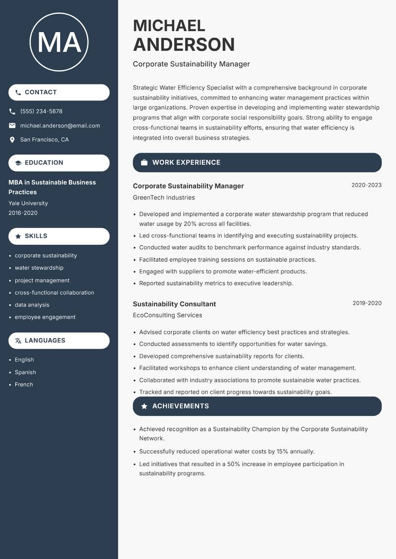 Water Efficiency Specialist resume sample — Corporate Sustainability Manager focus