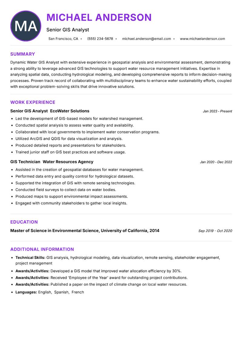 Water GIS Analyst resume example