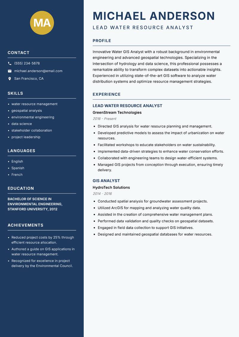 Water GIS Analyst resume sample — Lead Water Resource Analyst focus