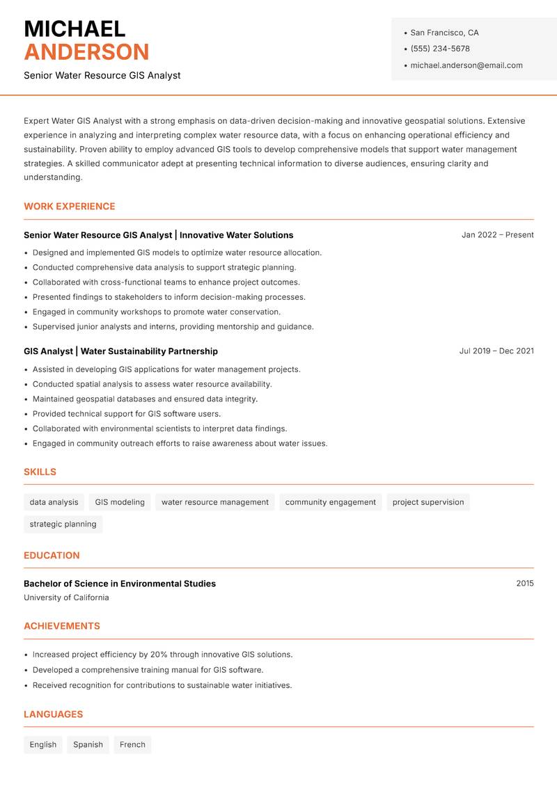 Water GIS Analyst resume sample — Senior Water Resource GIS Analyst focus