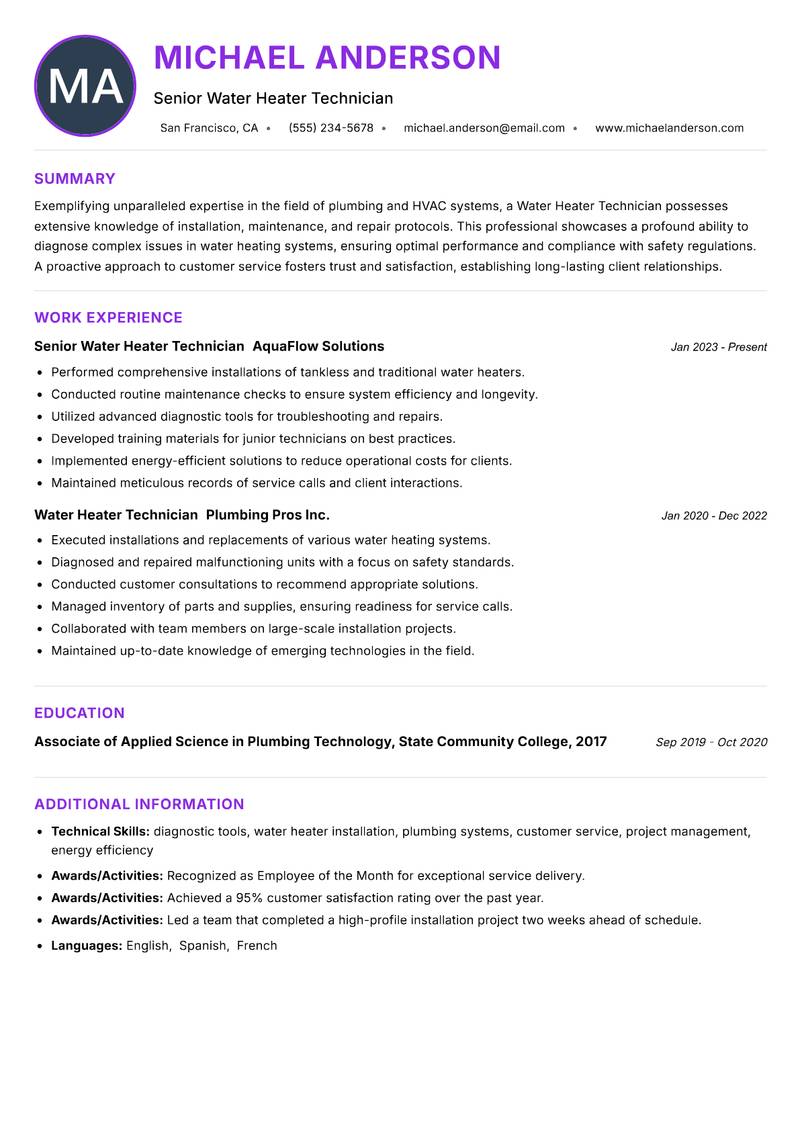 Water Heater Technician resume example