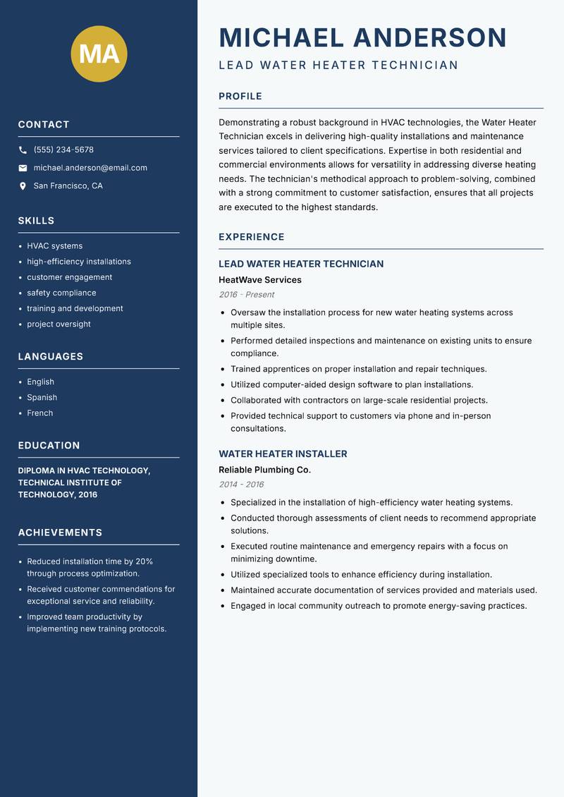 Water Heater Technician resume sample — Lead Water Heater Technician focus
