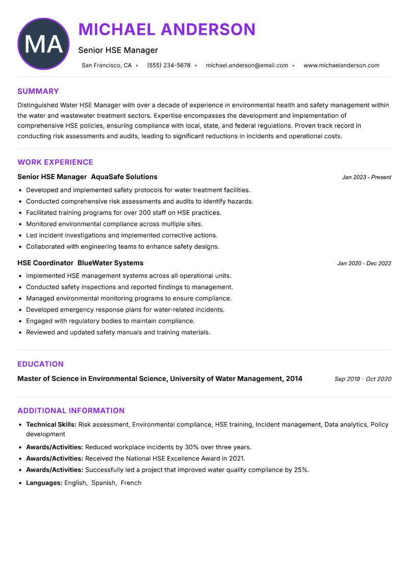 Water HSE Manager resume example