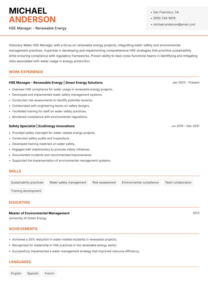 Water HSE Manager resume sample — HSE Manager - Renewable Energy focus