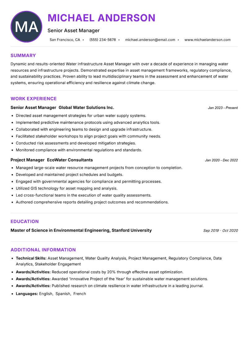 Water Infrastructure Asset Manager resume example
