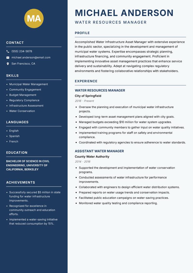 Water Infrastructure Asset Manager resume sample — Water Resources Manager focus