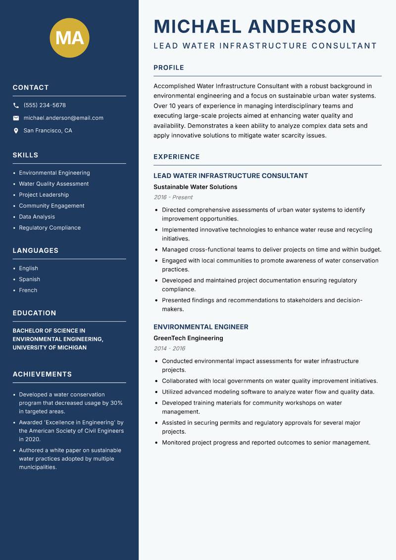 Water Infrastructure Consultant resume sample — Lead Water Infrastructure Consultant focus