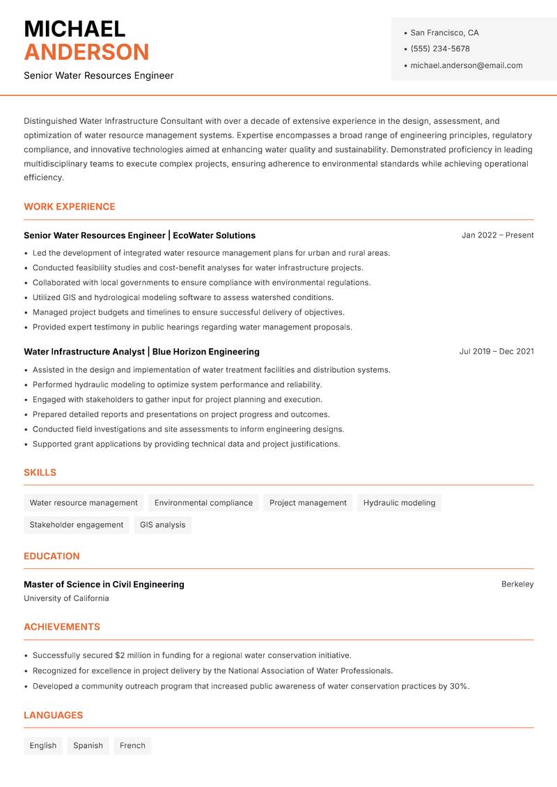 Water Infrastructure Consultant resume sample — Senior Water Resources Engineer focus