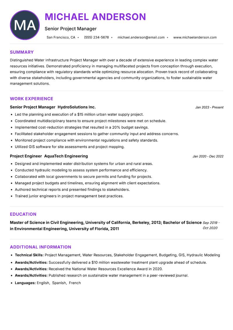 Water Infrastructure Project Manager resume example