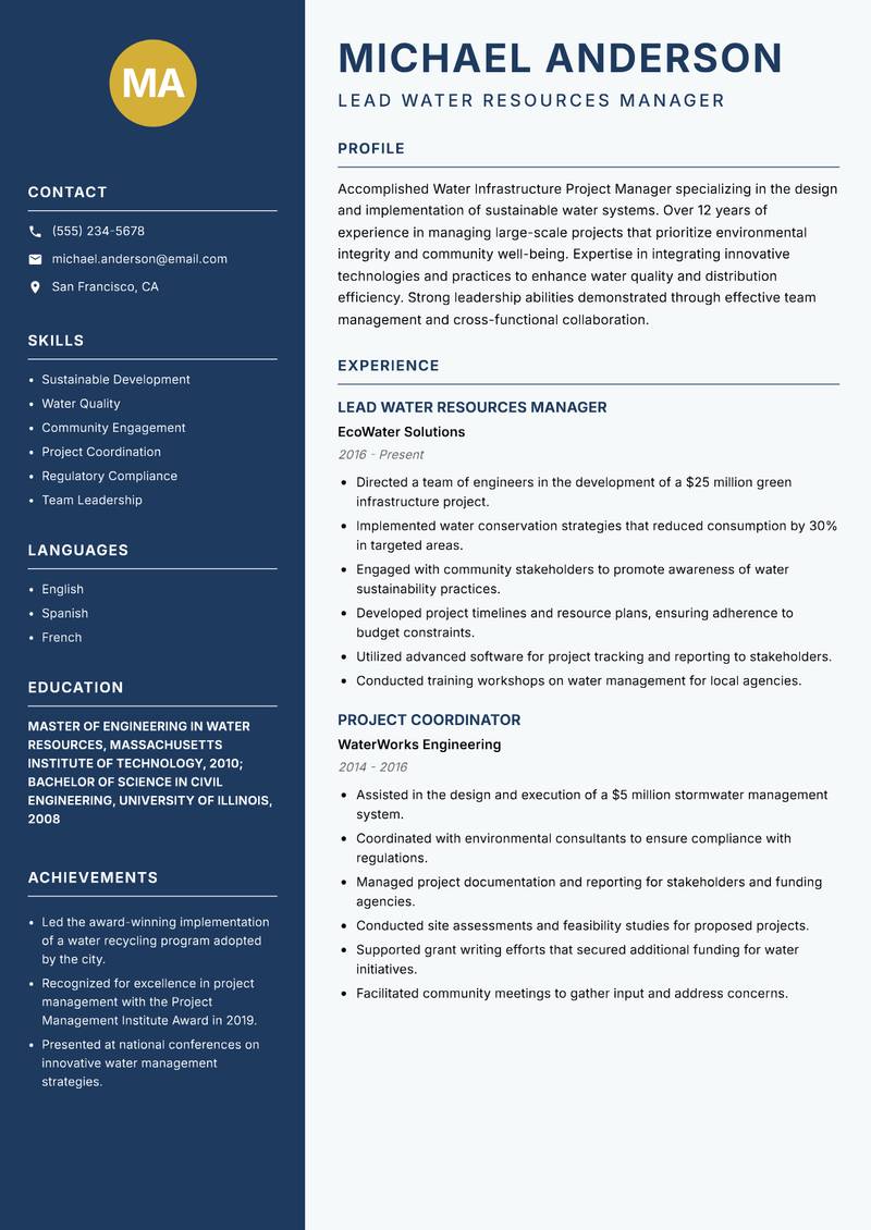 Water Infrastructure Project Manager resume sample — Lead Water Resources Manager focus