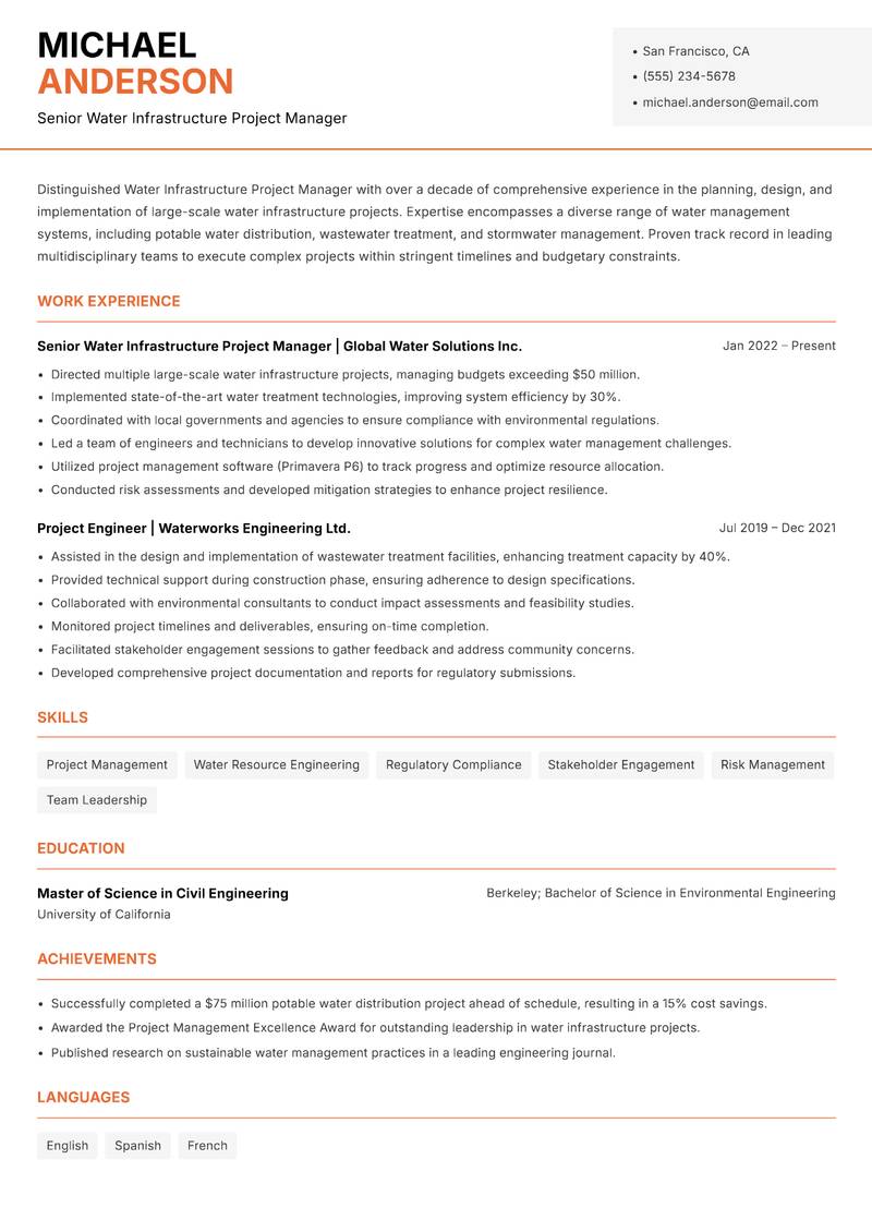 Water Infrastructure Project Manager resume sample — Senior Water Infrastructure Project Manager focus