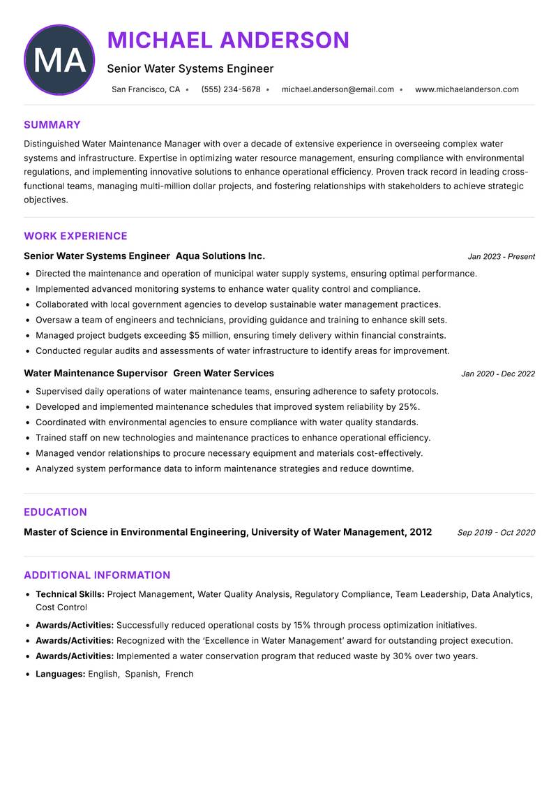 Water Maintenance Manager resume example