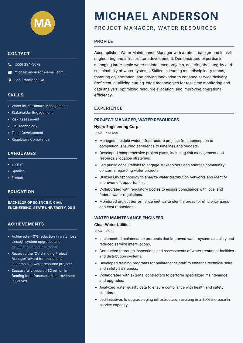 Water Maintenance Manager resume sample — Project Manager, Water Resources focus