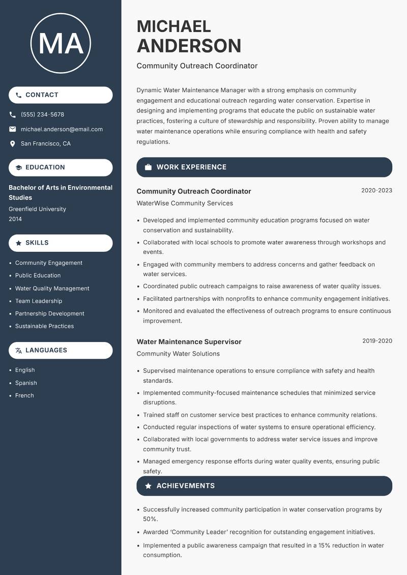 Water Maintenance Manager resume sample — Community Outreach Coordinator focus