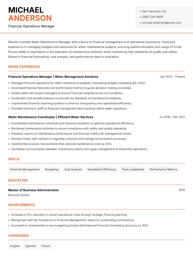 Water Maintenance Manager resume sample — Financial Operations Manager focus