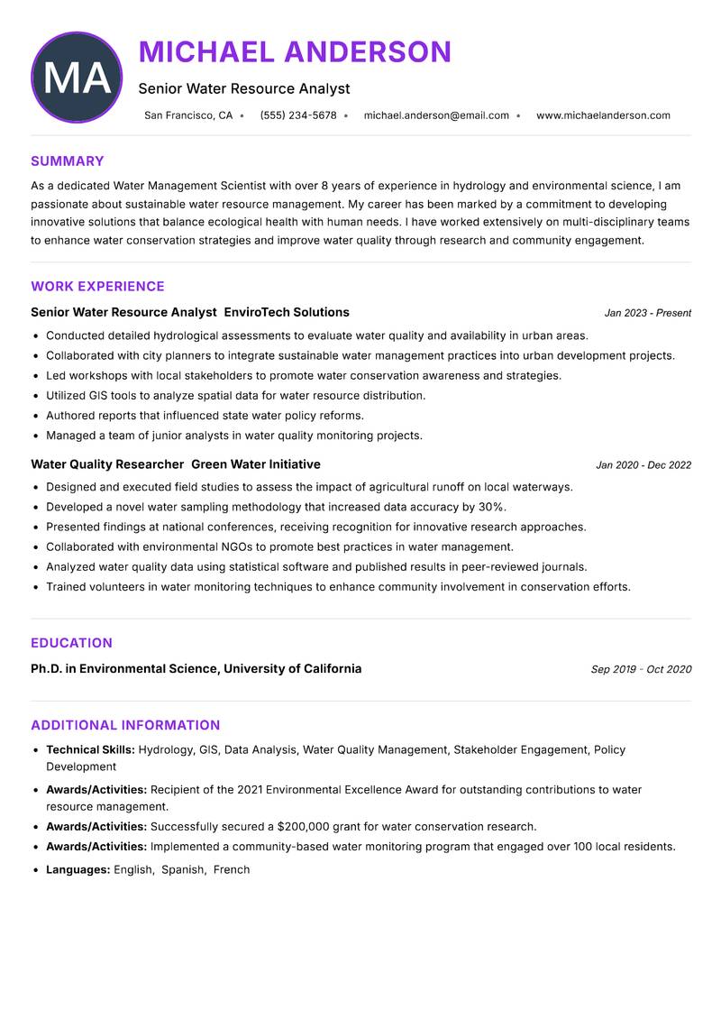 Water Management Scientist resume example