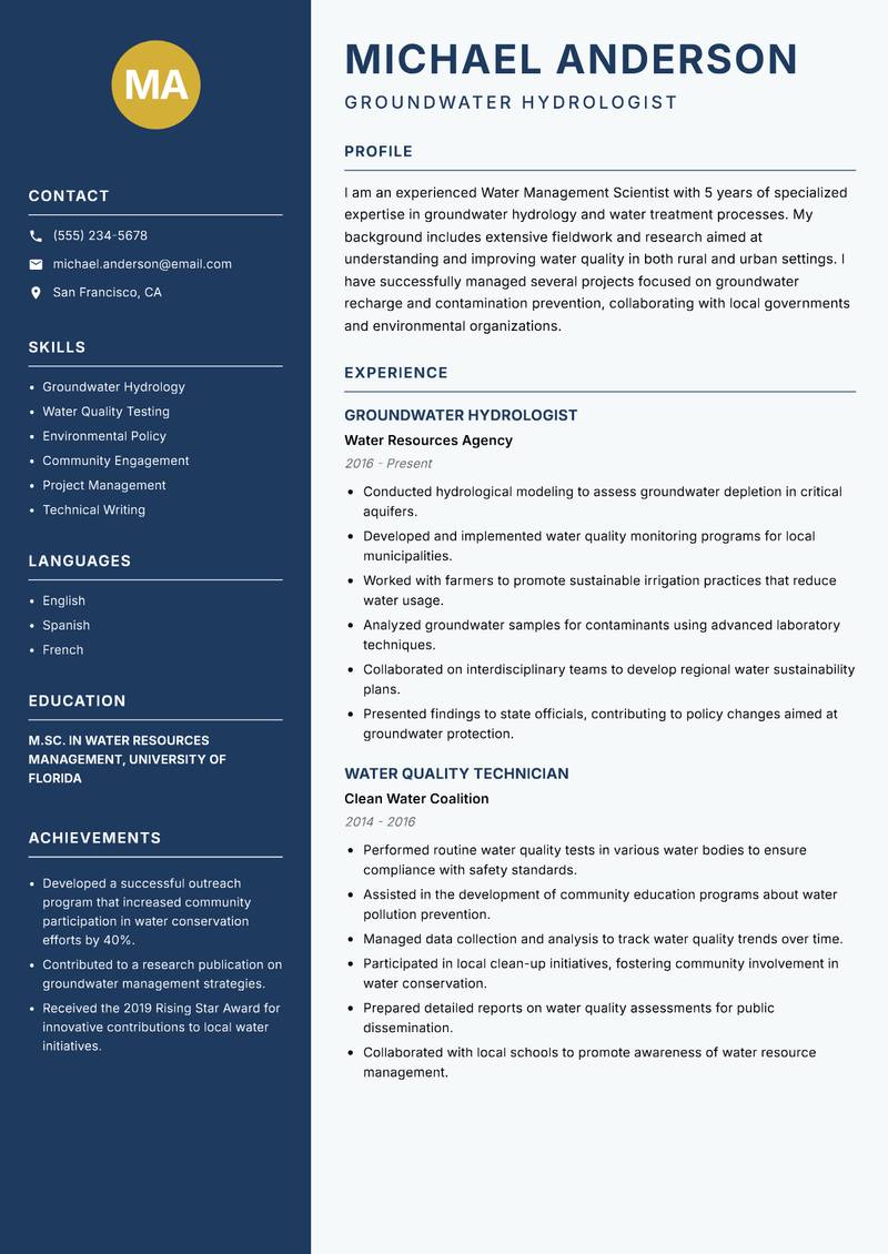 Water Management Scientist resume sample — Groundwater Hydrologist focus