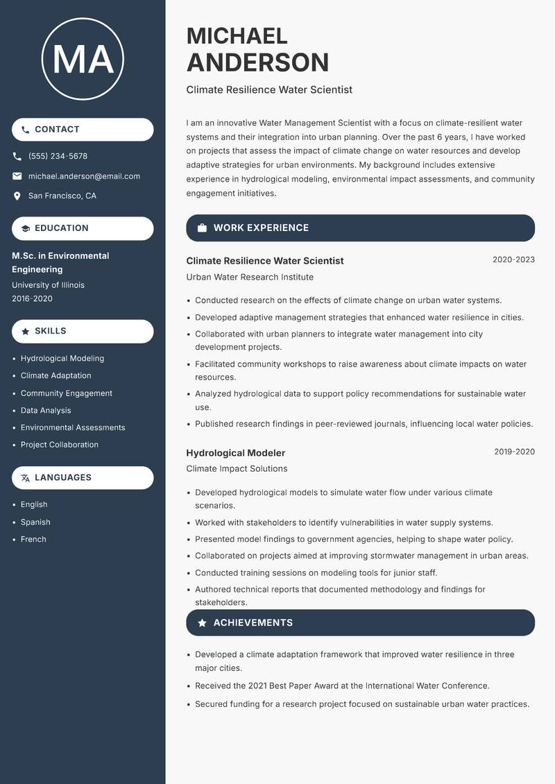 Water Management Scientist resume sample — Climate Resilience Water Scientist focus