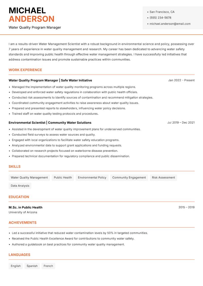 Water Management Scientist resume sample — Water Quality Program Manager focus