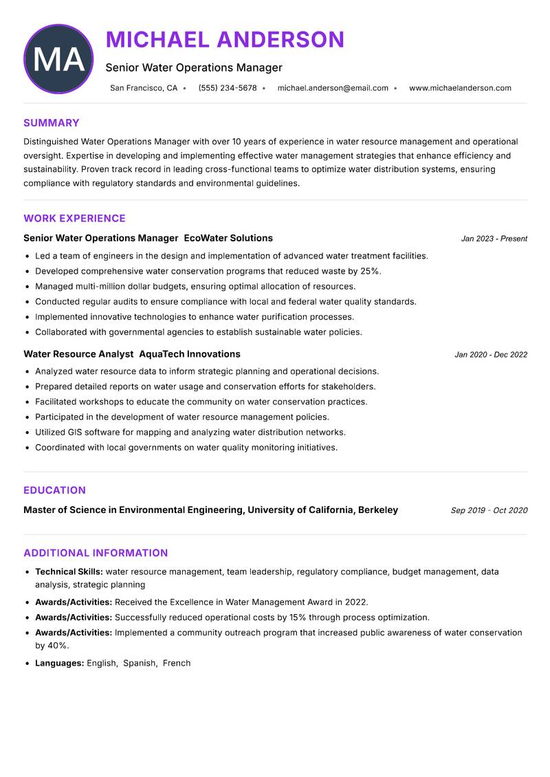 Water Operations Manager resume example