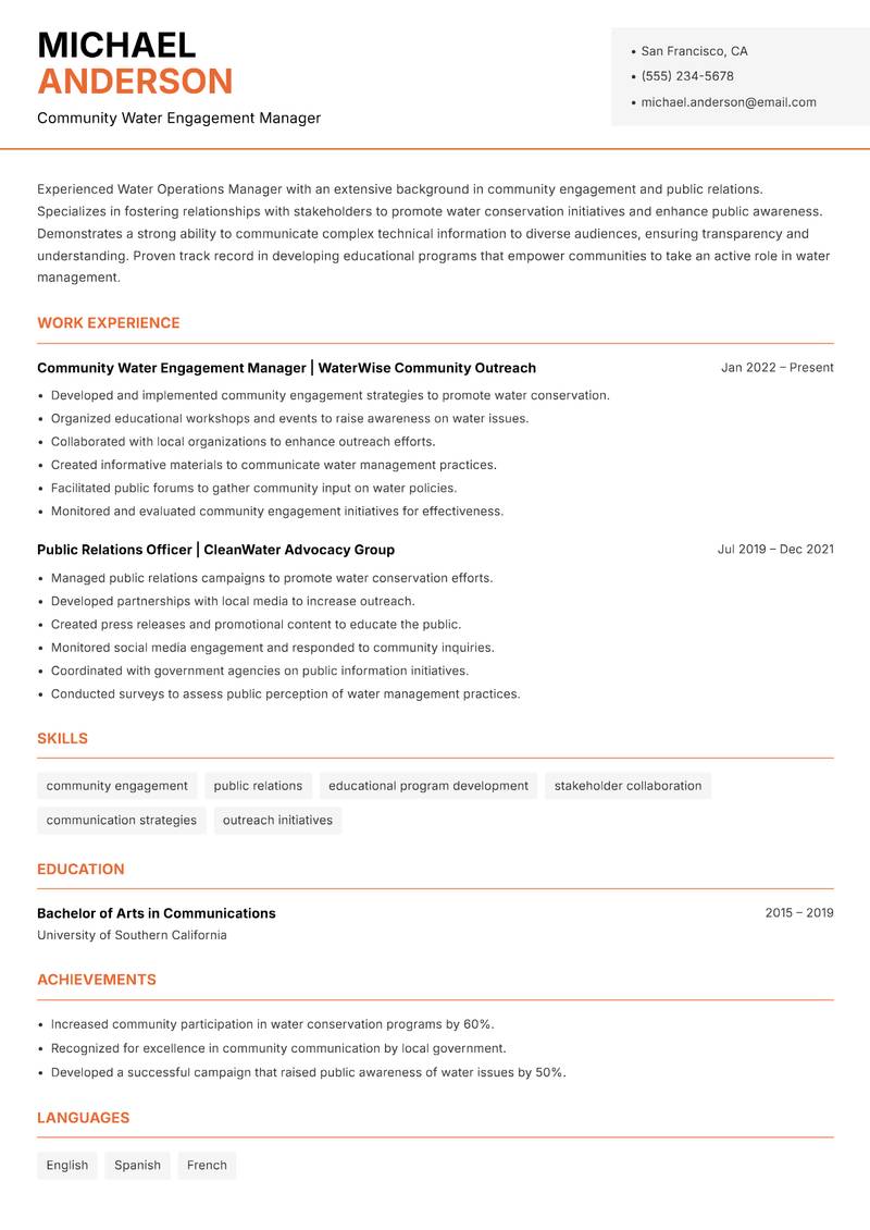 Water Operations Manager resume sample — Community Water Engagement Manager focus