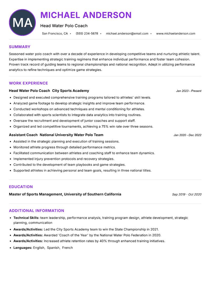 Water Polo Coach resume example